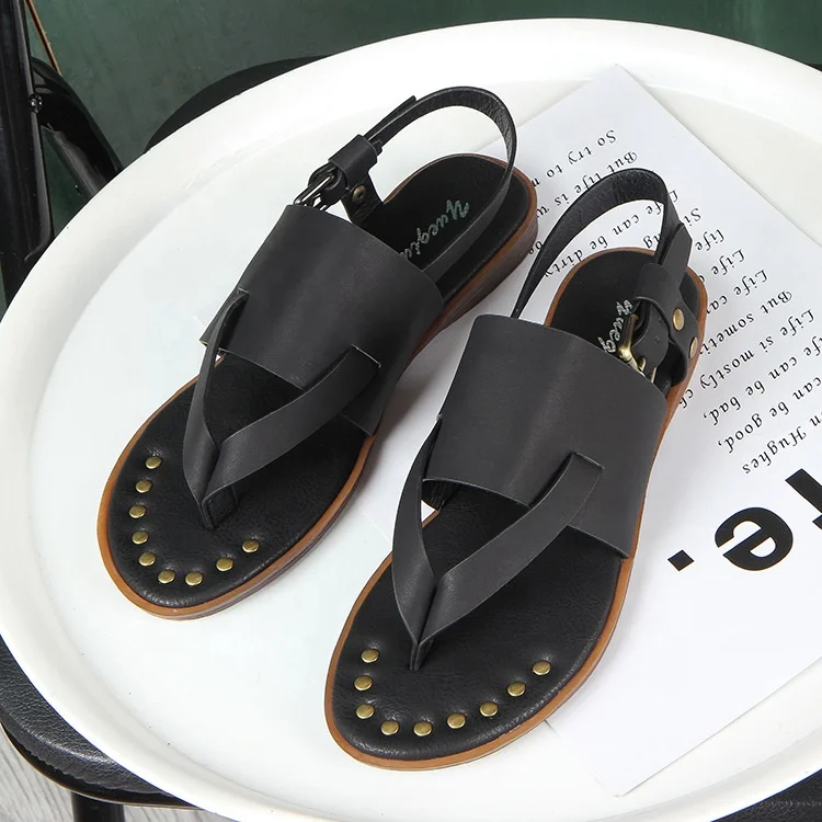 

B24527A Womens sandals summer new flat retro Roman womens sandals, Black, brown