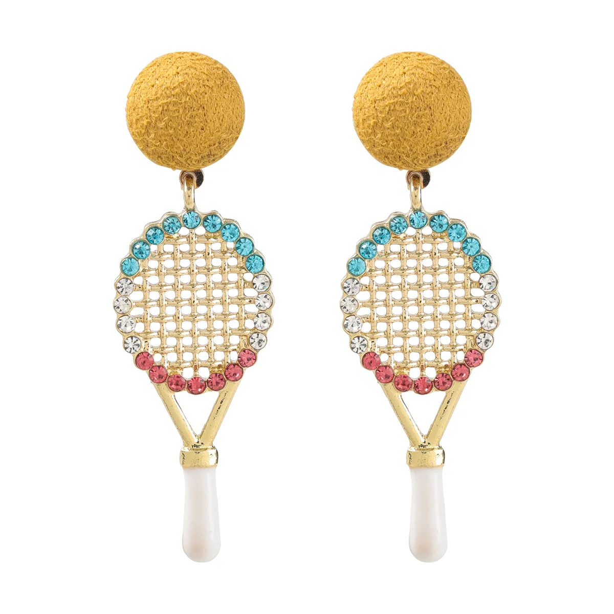 

2021 Newest Style Pompom Ball Colorful Crystal Rhinstone Tennis Racket Drop Earrings For Summer Jewelry