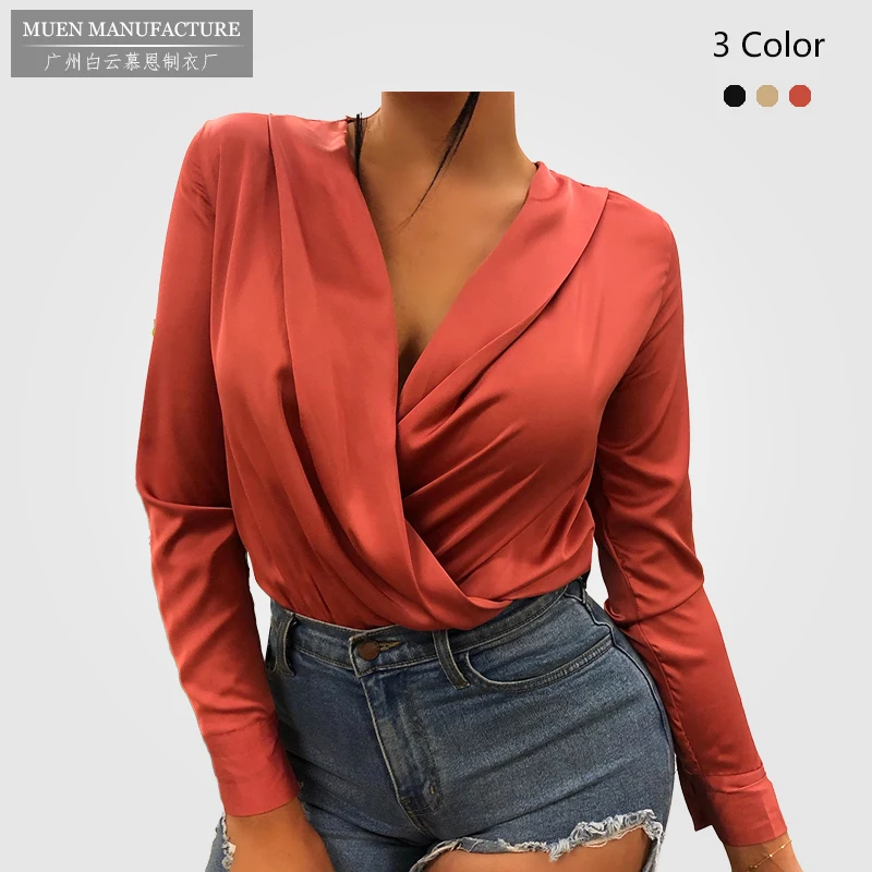 

2020 new arrival summer women's shirts long sleeve v neck solid lady shirts