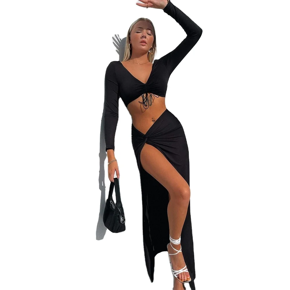 

2022 Sexy Slim Waist Solid Color Mini Bodycon Dress Autumn And Winter Women Clothing Solid Color Split Sexy Skirt Suit