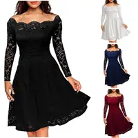 

Long Sleeve Solid Lace Ruffle Off-the-shoulder Women Vintage Dresses