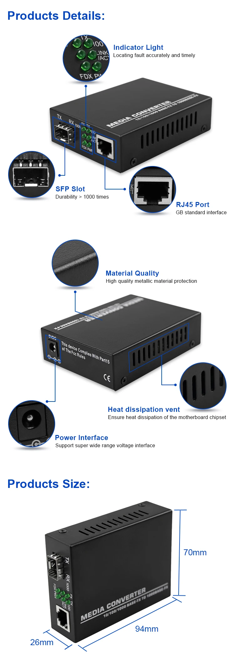 SFP Media Converter 10/100/1000 Base Media Converter 20km Fiber Optic Media Converter 10/100/1000