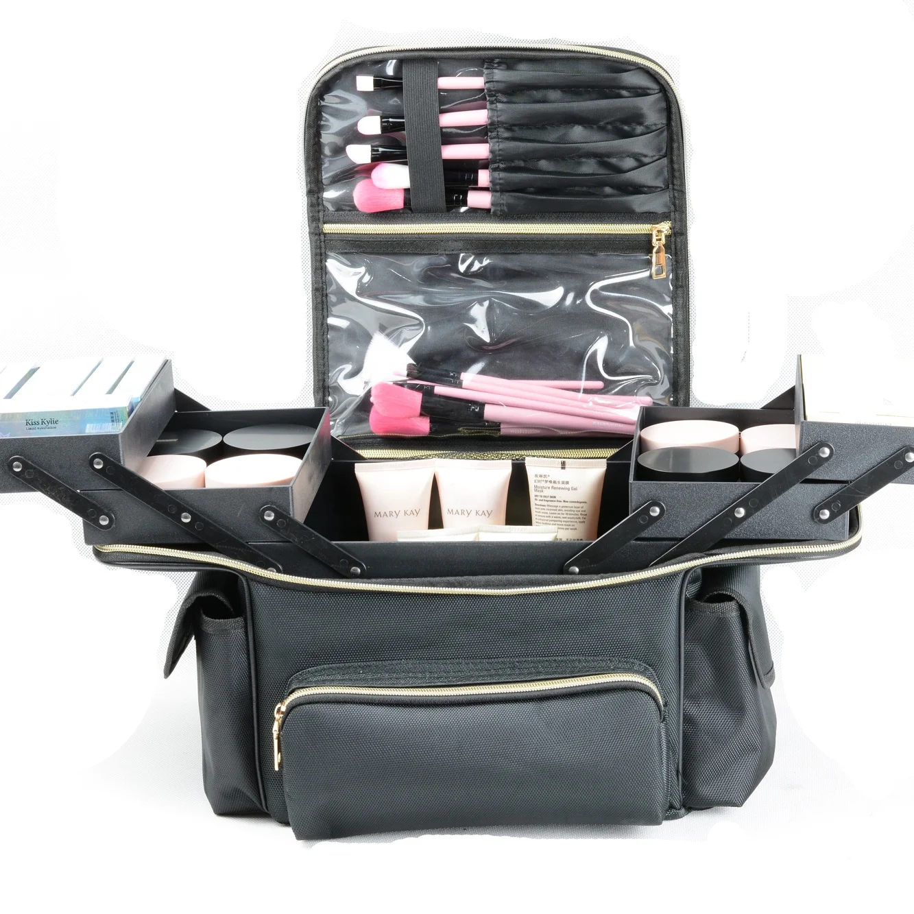 

Oxford / nylon multicolor embroidery toolbox PU leather portable storage bag cosmetic mirror double-layer beauty box partition, White/black/solid/multicolor