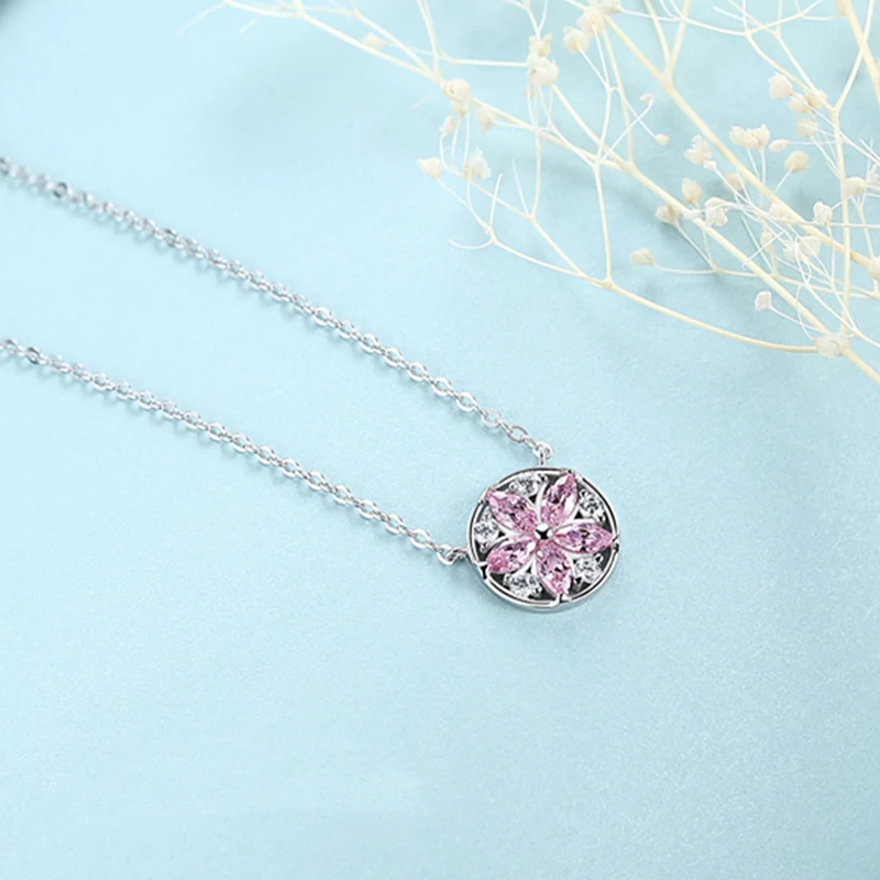 

Dropshipping Wholesale Romantic Sakura Necklace 925 Sterling Silver Cherry Blossom Spring Pink Flower Design Jewelries