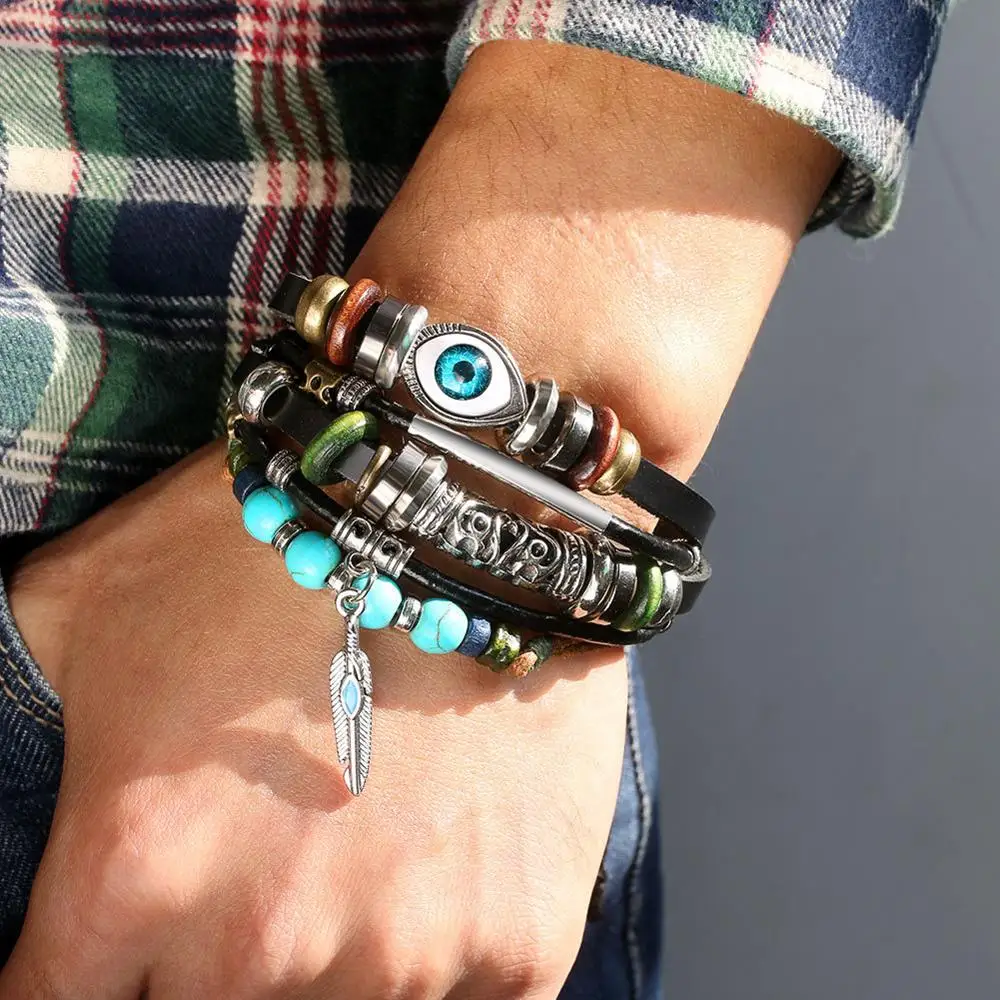 

2021 unique couple bracelets for women men eye charm bracelet Handmade vintage  multilayer leather bracelet