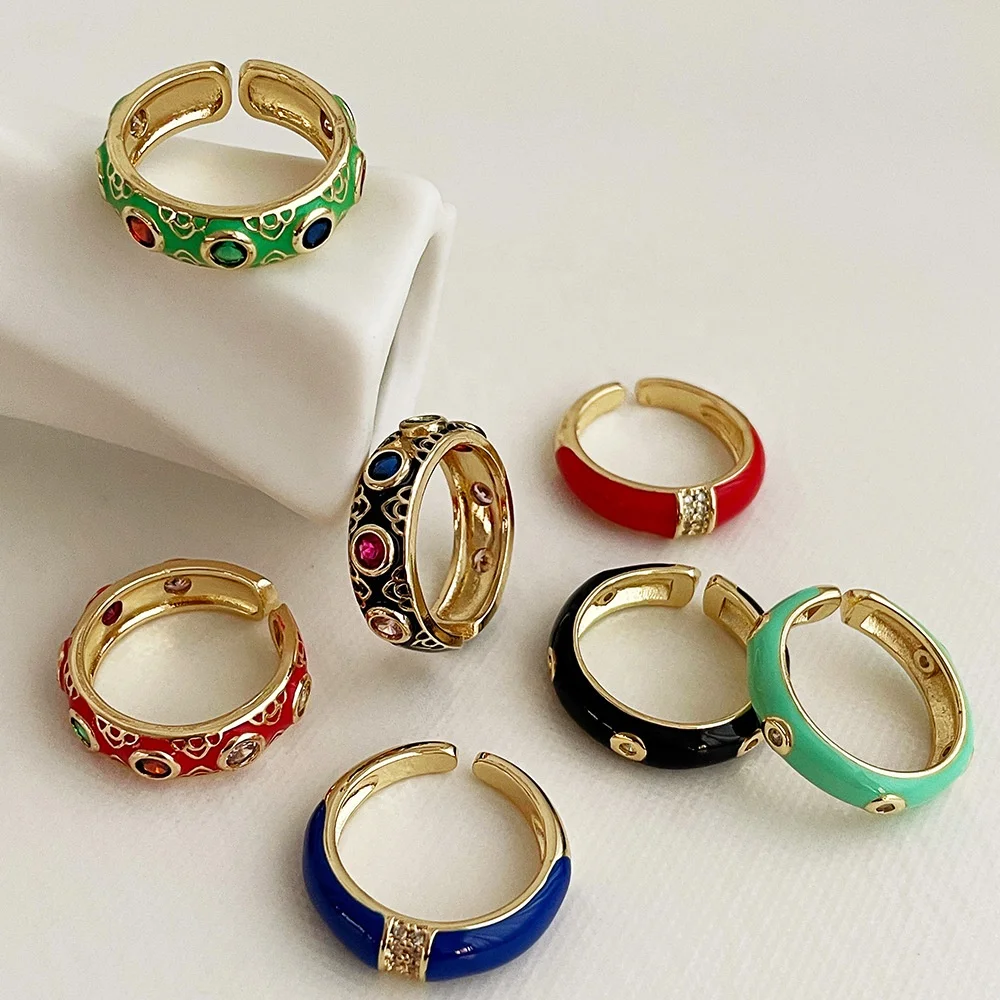 

Hot selling new popular y2k jewelry women hip hop dripping oil metal finger rings simple zircon opening enamel ring couple