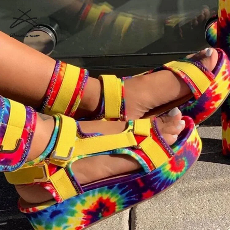 

Fashion new design women dye multicolor platform thick sole summer shoes strap ladies sandal, Yellow,orange,pink