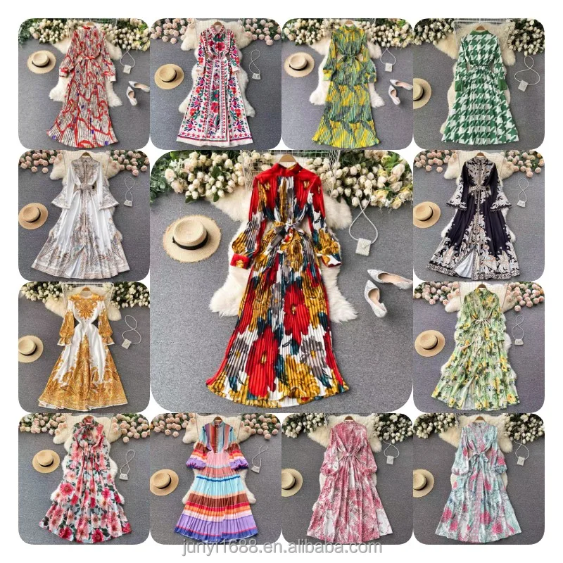 

2022 spring summer printed women's Retro collage dress mixed casual women's dress