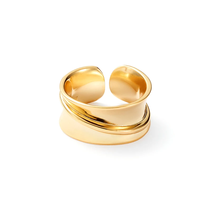 

Glossy wide Open S925 Sterling Silver gold plated fashion adjustable resizable trendy design rings for woman