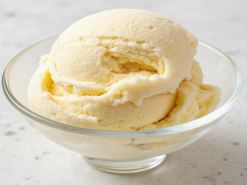 Homemade vanilla ice cream scooped into vintage glass dish