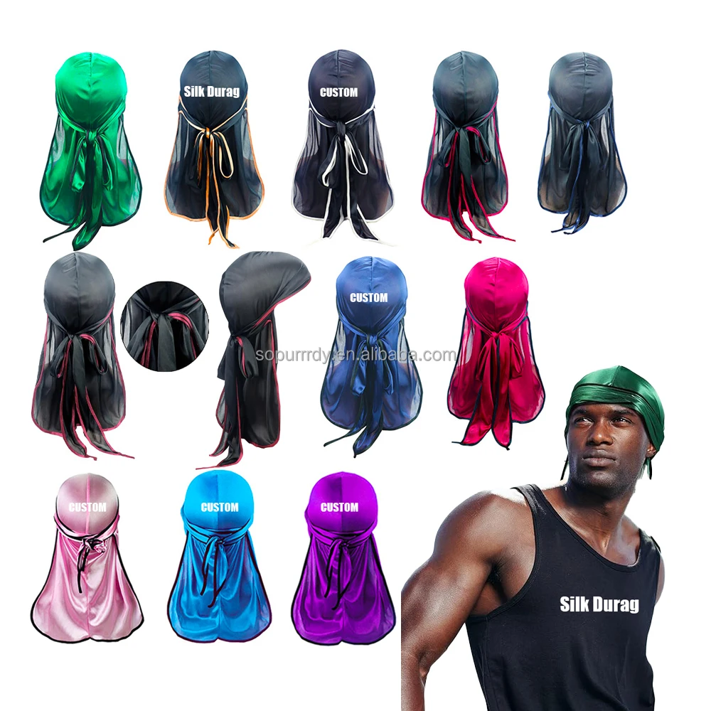 

Custom Logo Designer Silk Durag for Men Long Tail Head Wraps Pirate Hat Silky Do Rags Turban Bandana Headwraps For Men Women