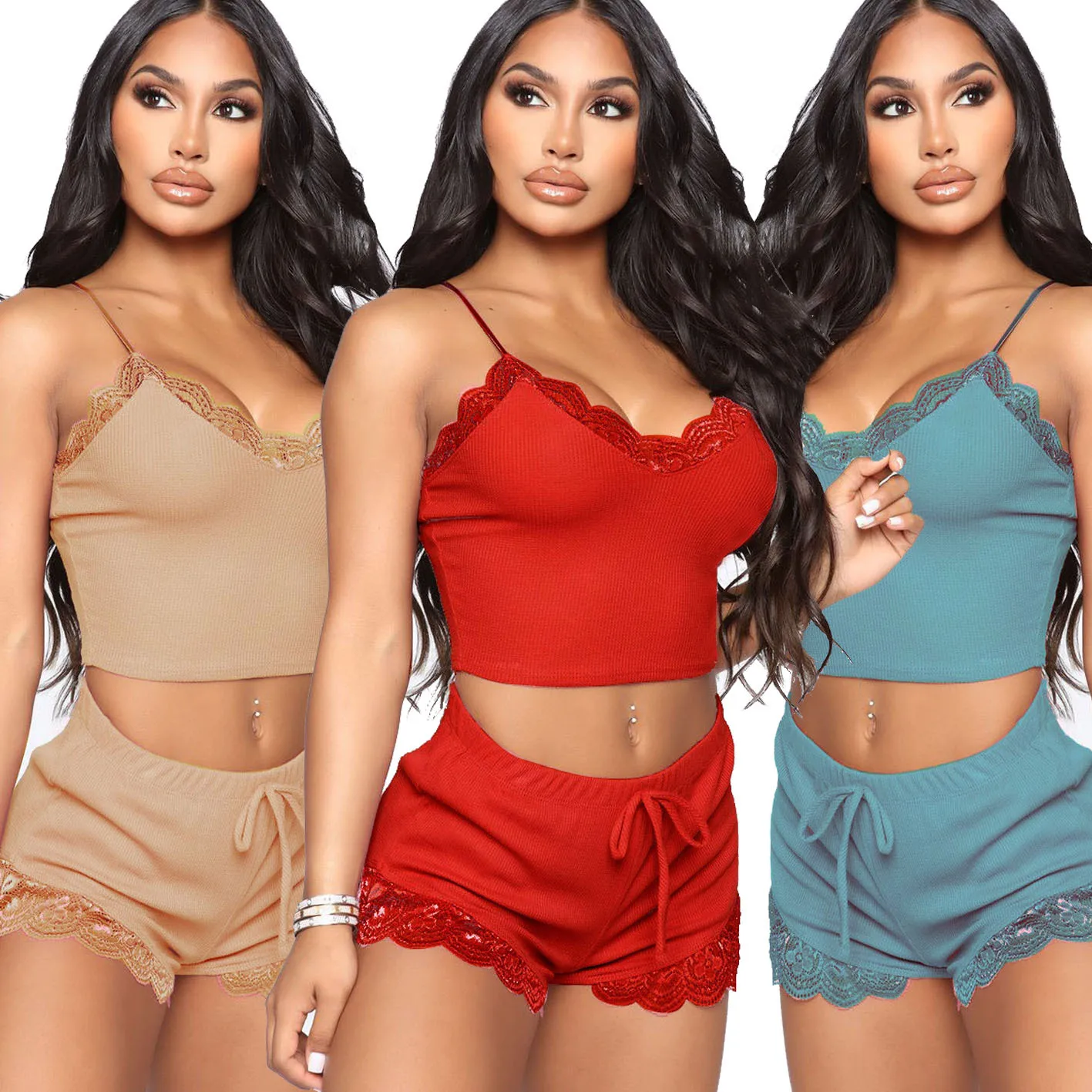 

Summer Sleepwear Women Sexy Lace Nightwear Two Piece Short Pajama Sets, 8 colors