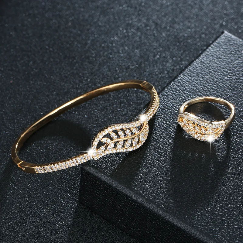 

Luxury Brand Leaf Cubic Zircon Love Bangle&Ring Copper Wedding Anniversary Jewelry Set Women Gift, Gold/silver plated