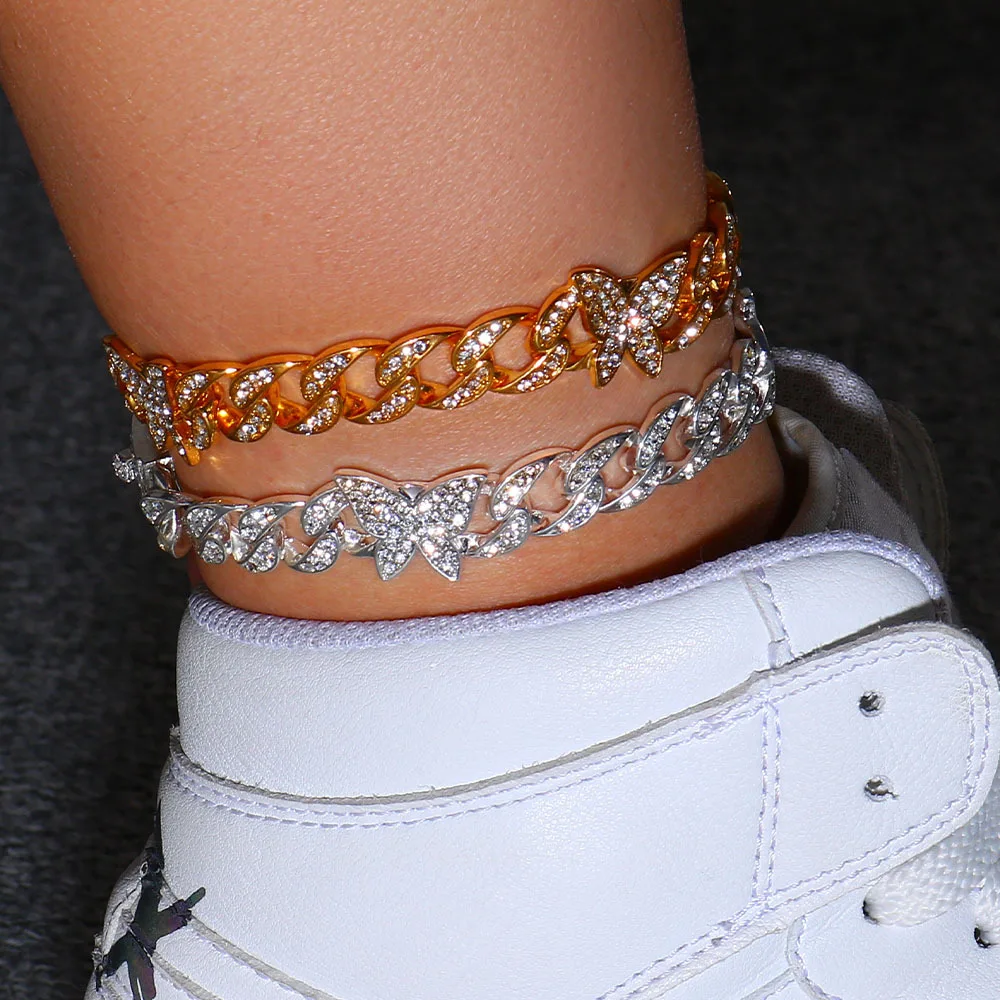 

New Fashion Shiny Full Diamond Cuban Chain Butterfly Anklets Bling Bling Crystal Rhinestone Butterfly Link Chain Anklets