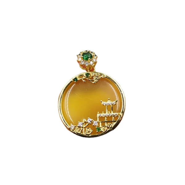 

925 Silver Inlaid Yellow Agate Heart Protection Mirror Pendant Ice Type Yellow Chalcedony Round Pendant