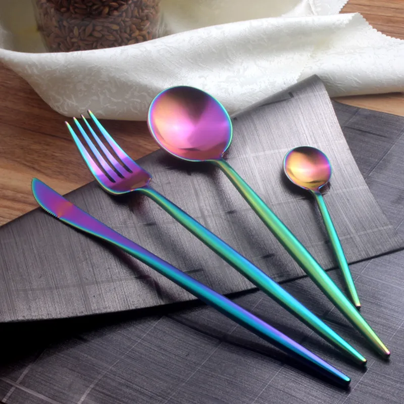 

Drop Shipping 4pcs Set Rain bow Silver Colorful Cutlery Fork Knife Spoon Dinnerware Set Flatware Set