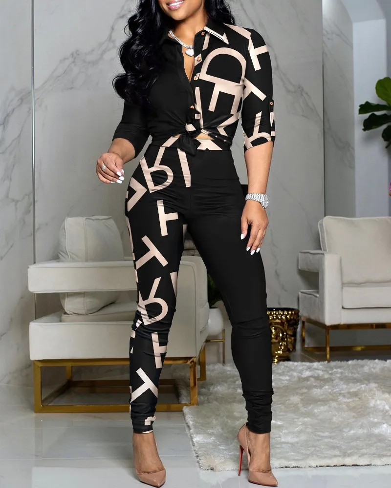 

Hot sale O neck long sleeved print top fashion slim fit harem pants casual two-piece suit for women in 2022