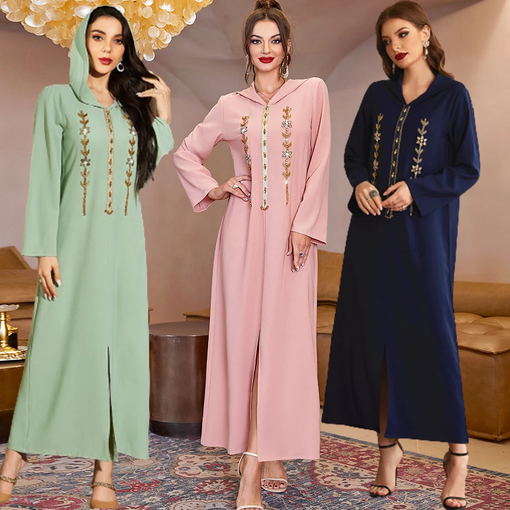 

2297 Kuwii Factory Outlet handmade diamond hooded dress abaya dress islamic eid abaya musulman caftan, Navy,mint green,pink