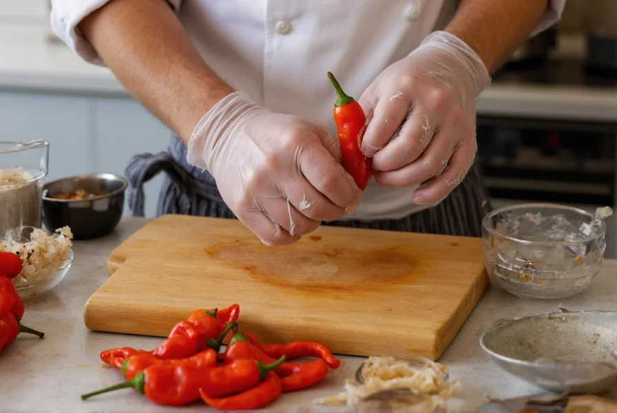 Chef carefully handling habanero peppers with protective gloves while preparing ingredients