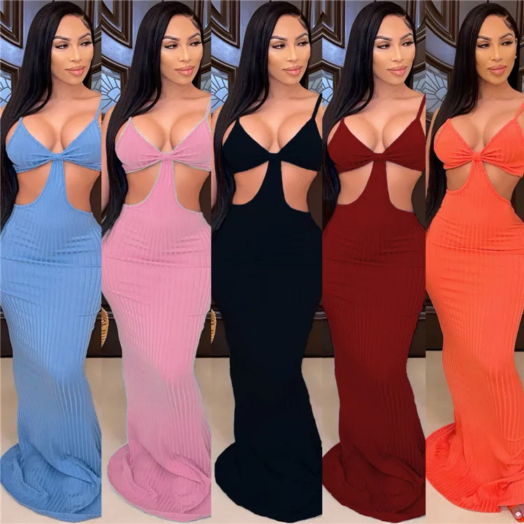 

Sexy Ladies Party Wear Dress Strap Hollow Out Bodycon Summer Women Long Maxi Dresses, Picture shows