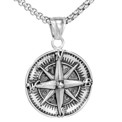 

Retro Stainless Steel Compass Pendant Necklaces Navigation Travel North Star Coordinate Compass Necklace for Men