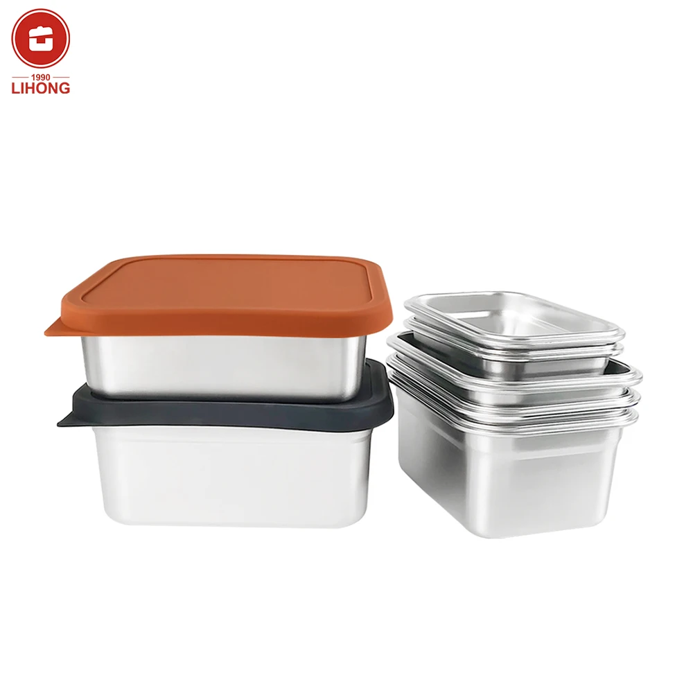 

LIHONG Rectangular 304 Silicone lid Bento Lunch Box for Kids Food Container with Stainless Steel Takeaway Lunch Box