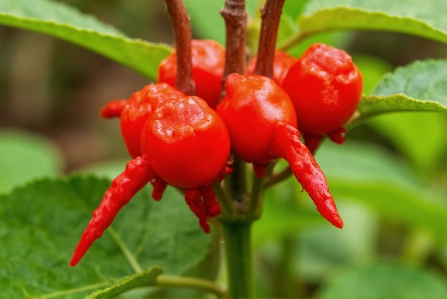 Close-up view of red Trinidad Moruga Scorpion peppers showing distinctive stinger-like tail and bumpy texture on plant
