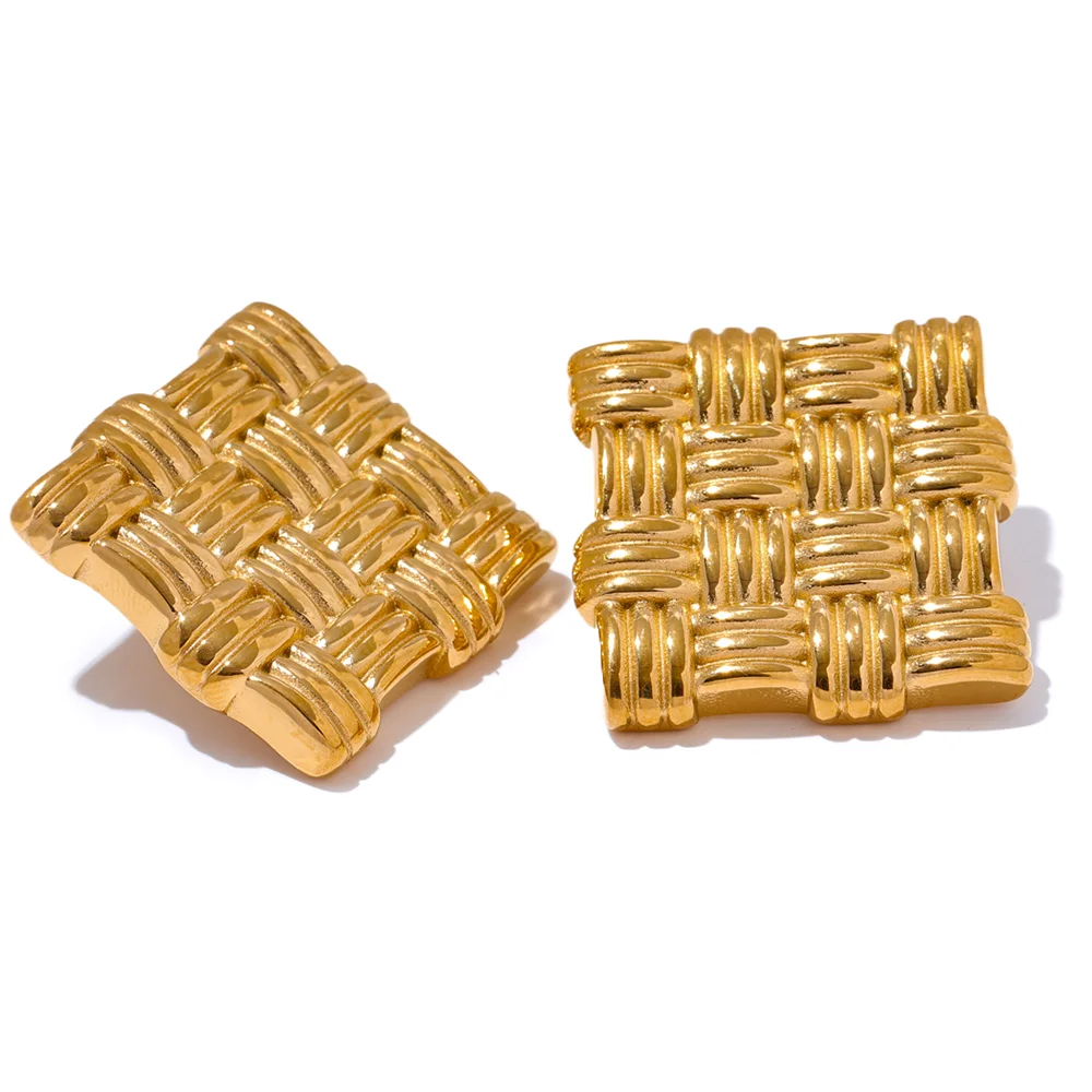 

JINYOU 3188 Geometry Square Stainless Steel Metal Woven Texture Gold Stud Earrings Waterproof Vintage Fashion Daily Jewelry