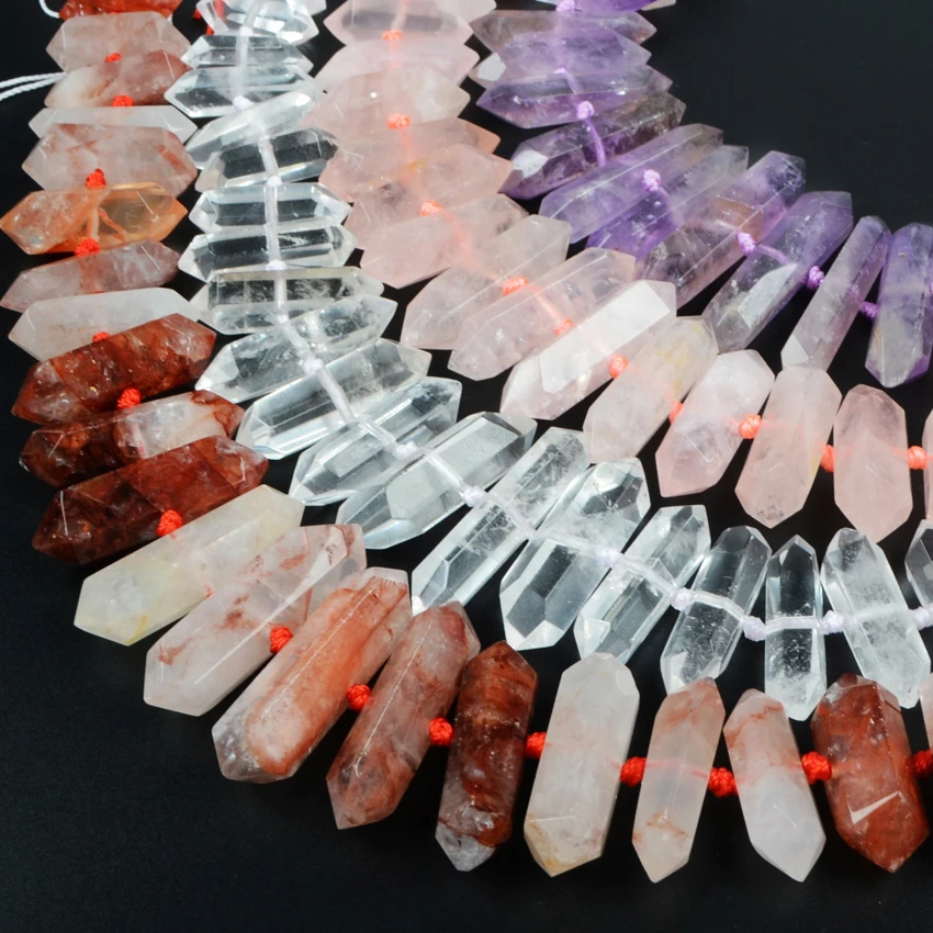 

Center Drilled Natural crystal Point, Natural Amethyst, Rose Quartz and Crystal quartz loose beads strands