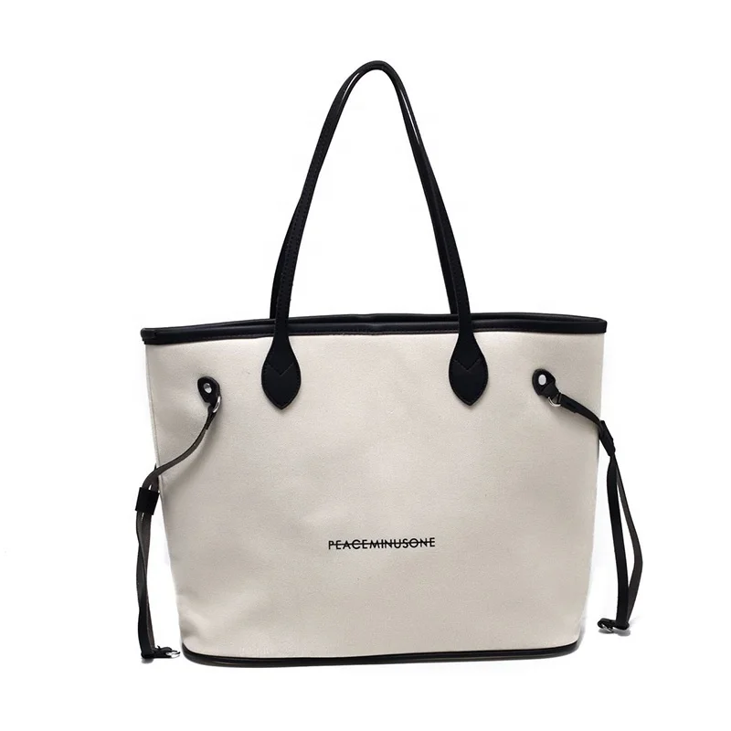 

Custom Letter Printing Fashion Ladies Canvas Casual Shopper Shoulder Bag Large Purse Handbag Women Tote Bag With A Small Bag, White, black
