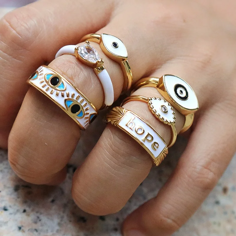 

2022 Fashionable Dainty Jewelry Gold Plating Custom adjustable CZ eyes enamel ring Evil Eyes Rings For Girl, Multi
