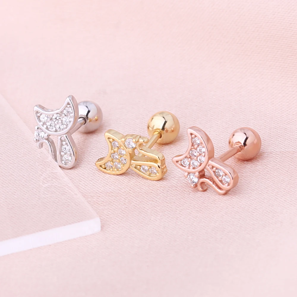 Silver fashion jewelry zircon animal pet ear piercing 925 sterling silver cat shape earrings gold plated stud screw earring