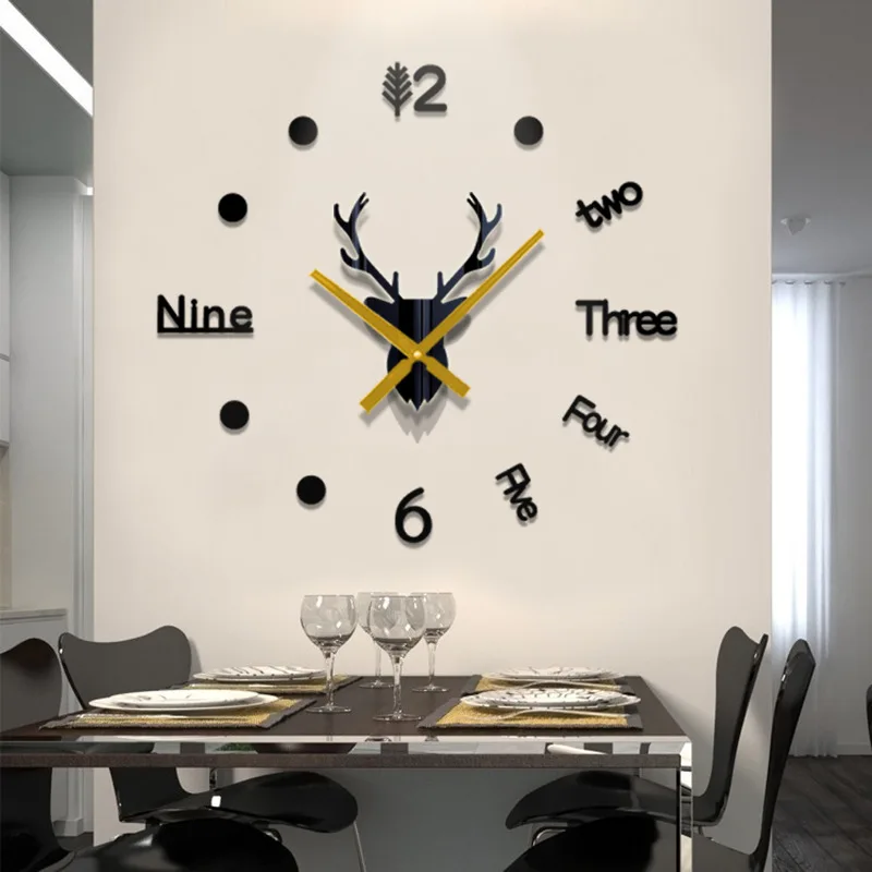 

odm/oem modern wall clock The latest 3D deer head large DIY wall clock mirror modern wall decoration, Silver/black/golden/red/brown