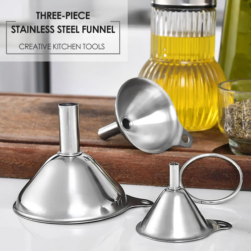 

3 Pcs Mini Stainless Steel Kitchen Bottle Funnel Set for Filtering Transferring Oils Liquid Fluid Dry Ingredients Powder