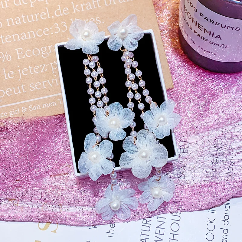 

Korean fashion flower big earring pearl tassel long earring, Multicolor