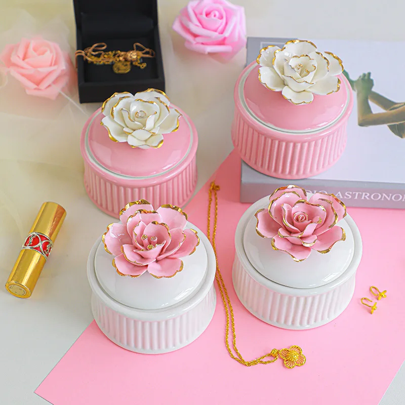 

creative girl heart desktop gift decoration ornaments ceramic handmade flower storage box, White, pink and blue
