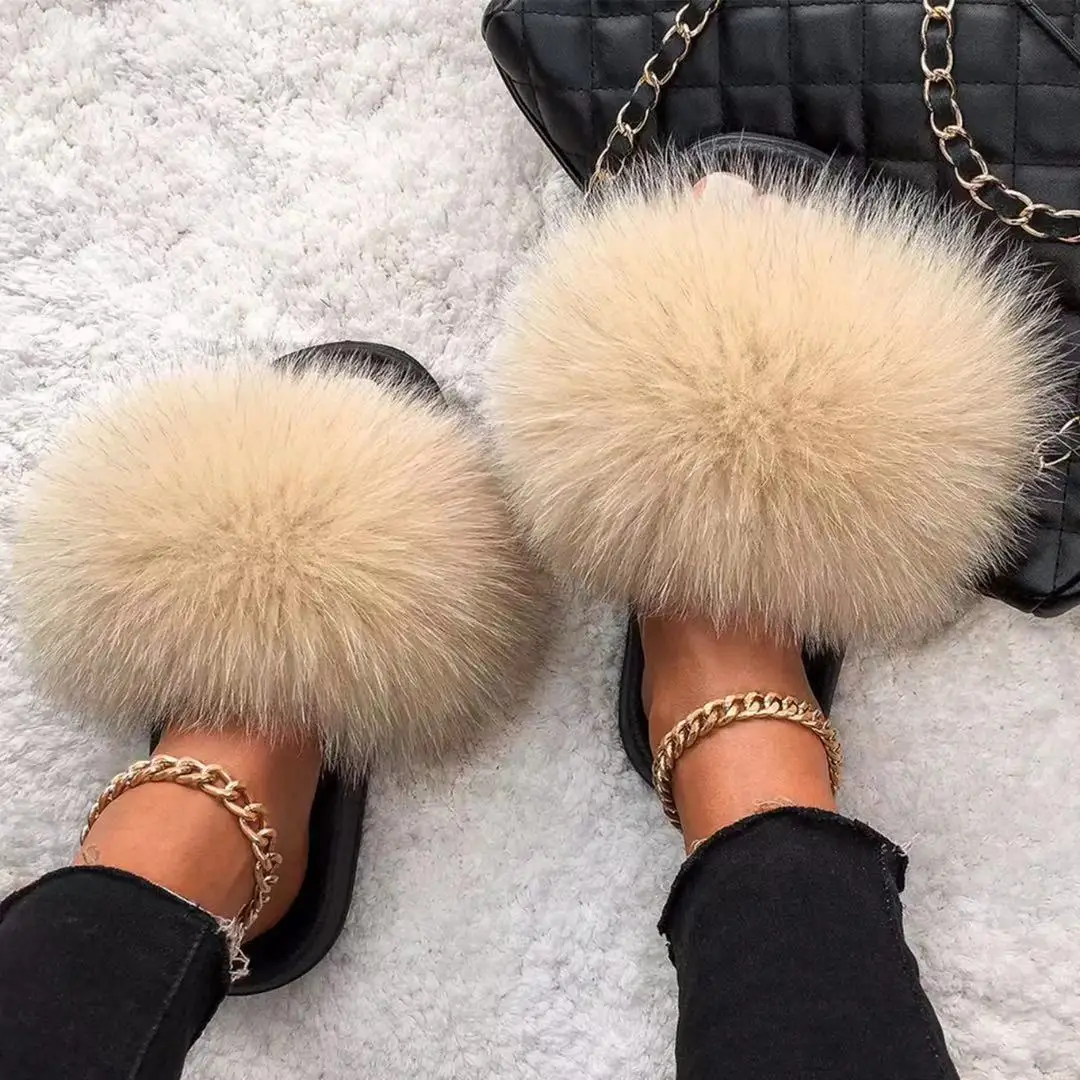 

slides Wholesale 1 pair custom logo fluffy real fox raccoon fur slipper furry fur slides for women, Color matching or can be customized according to requirements