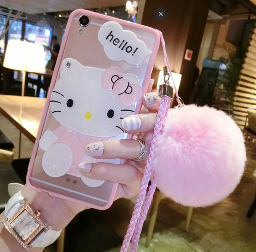 

KT Cat Mirror Strap Fur Ball Warm Hello Kitty Case for iPhone 11 Pro Max 11Pro 7 8 X XsMax