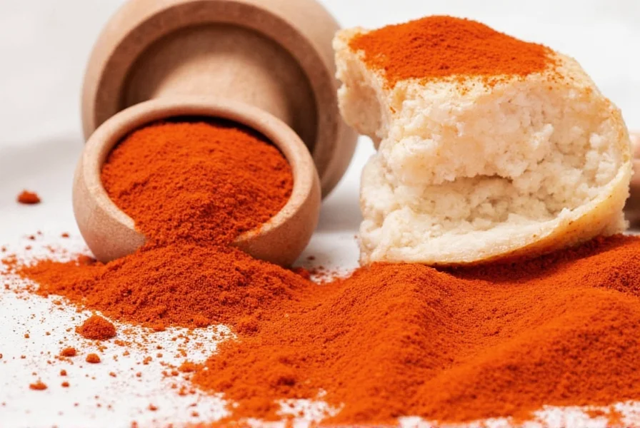 Close-up of cayenne pepper flakes and raw apple cider vinegar bottle on wooden table