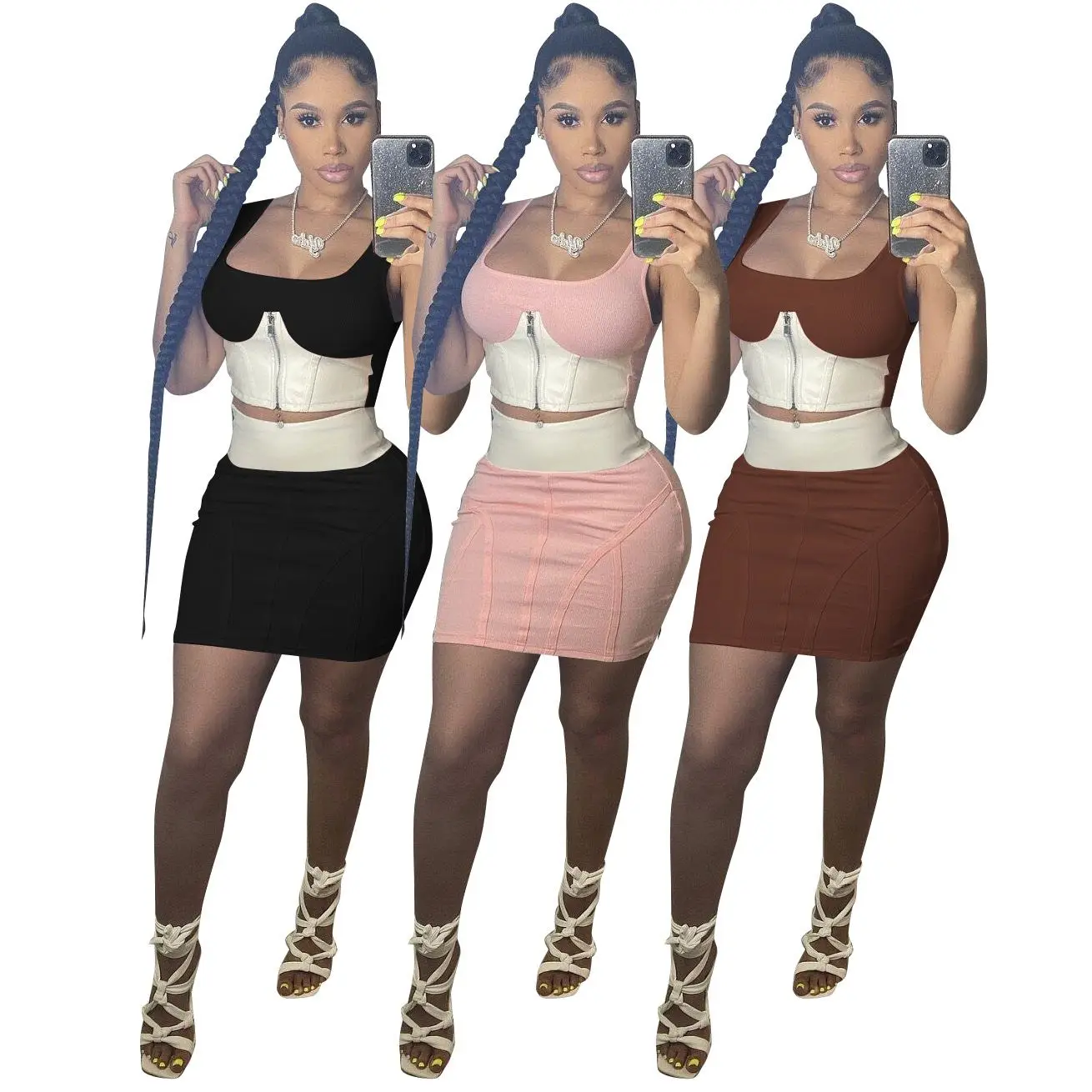 

X01626M sexy vest half skirt two sets Vest skirt solid color stitching zipper casual tight two-piece set