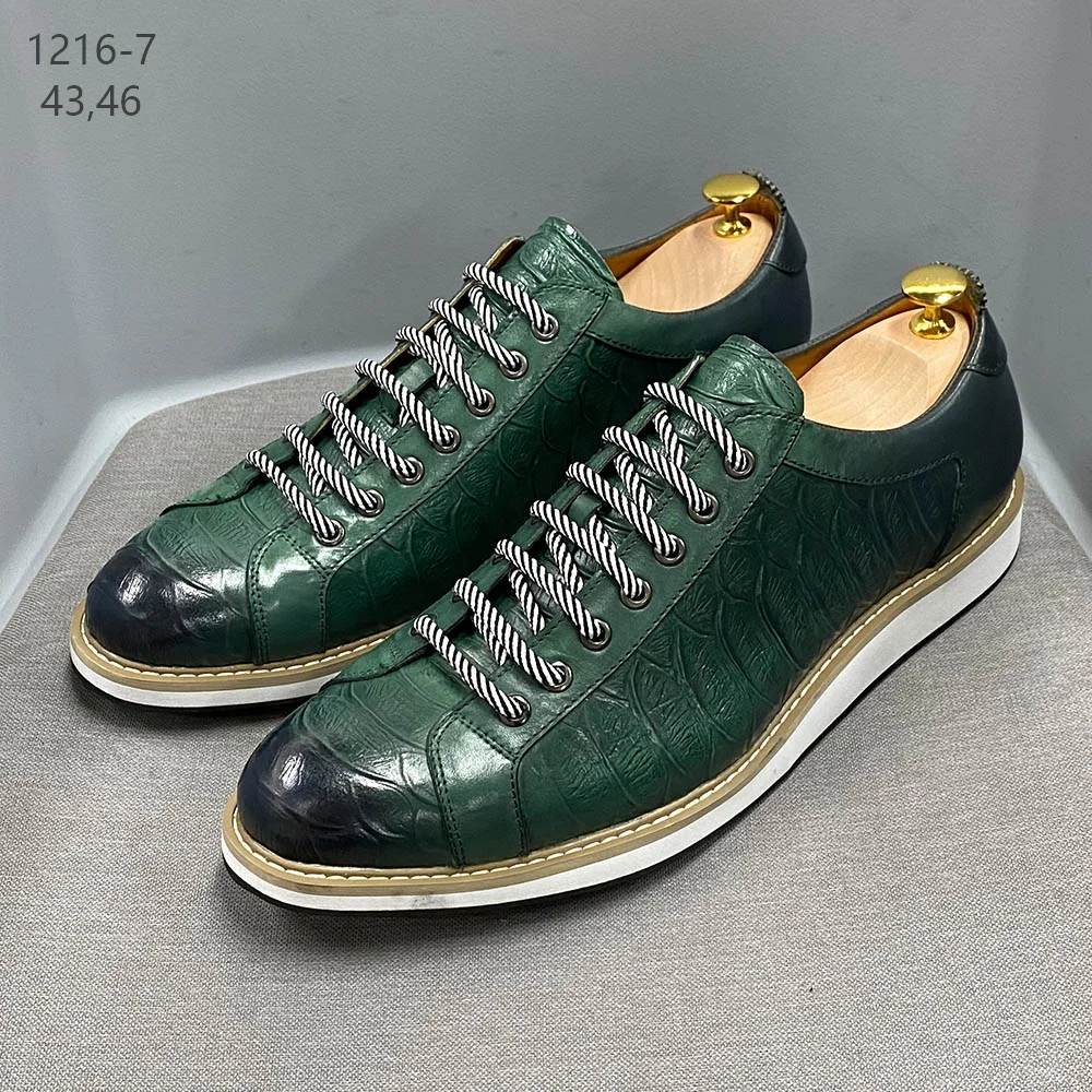 

European Style Men's Casual Shoes Real Cow Leather Green Black Fashion Designer Luxury Crocodile Print Street Flat Shoes for Men, Green;brown;optional