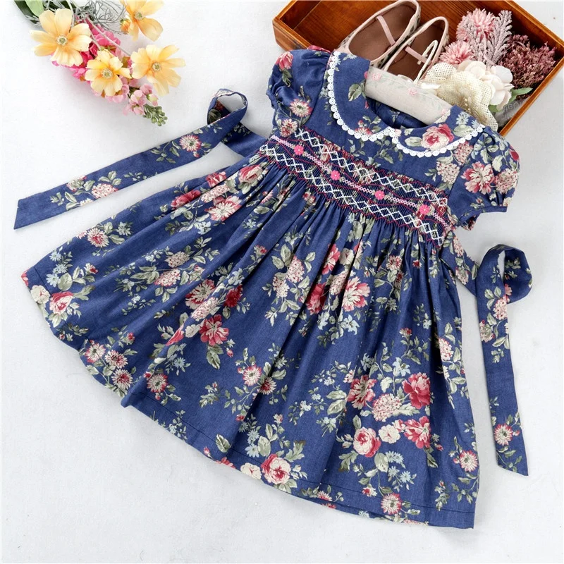 

C21673 summer flower floral baby girls dresses smocked hand made blue embroidery wholesale children clothes kids outfit bishop