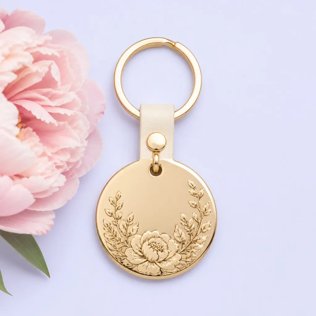 Wedding keychain beside a soft bloom