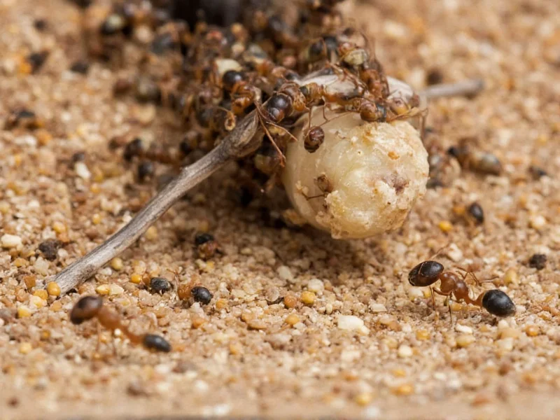 Ants carrying borax bait crumbs to nest entrance