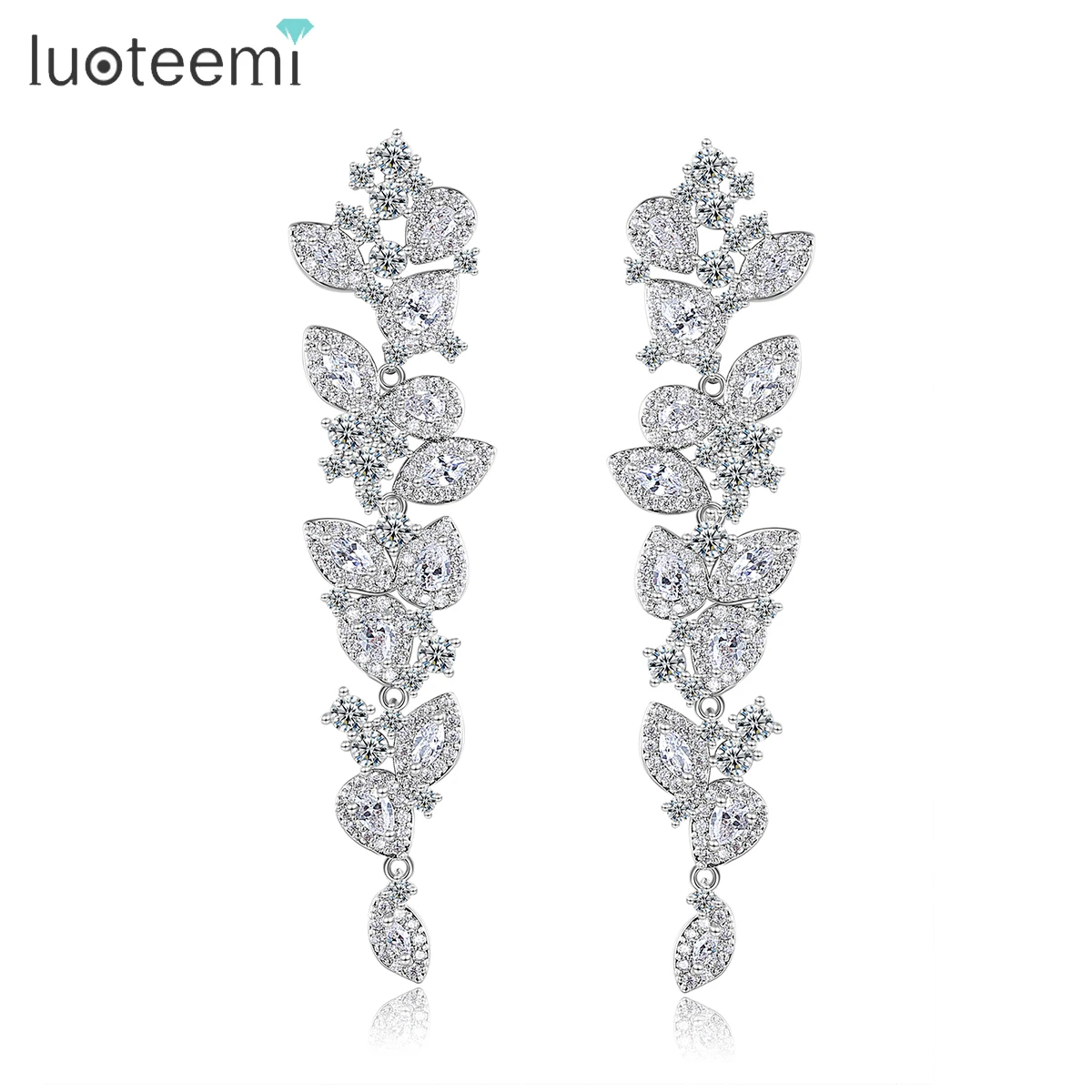 LUOTEEMI Hot Trendy White Gold Plated Long Tassel Chained Earrings Full Diamond Zircon Bling Bling Leaf Flower Drop Earring