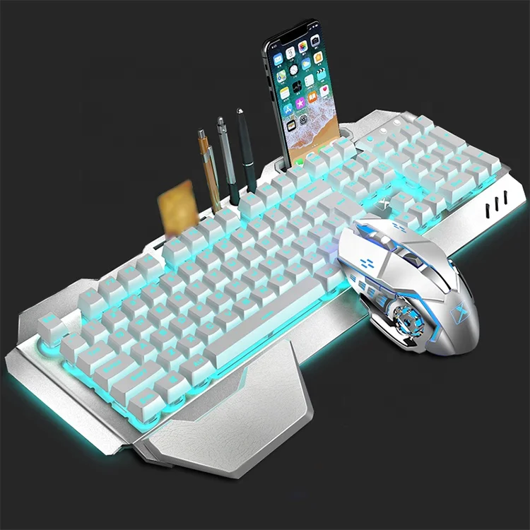 

XINMENG K680 2 In 1 Metal Wireless Gaming Keyboard And Mouse Combo With Wrist Support Phone Holder, Black/white
