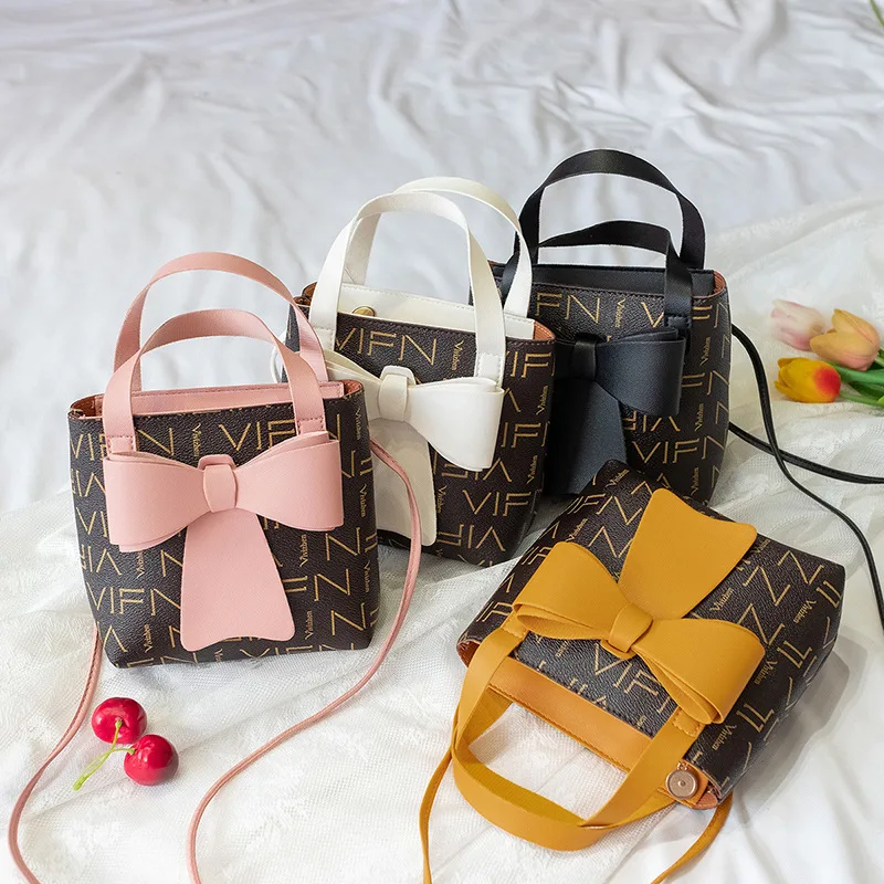 

Sweet And Lovely Letter Printed Bow Handbag Ladies Trendy PU Single Shoulder Crossbody Bag, As photo show