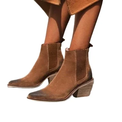 

New lady's pointy retro leather boot sleeve fashion boot thickly raised nude boot middle heel, As shown in figure