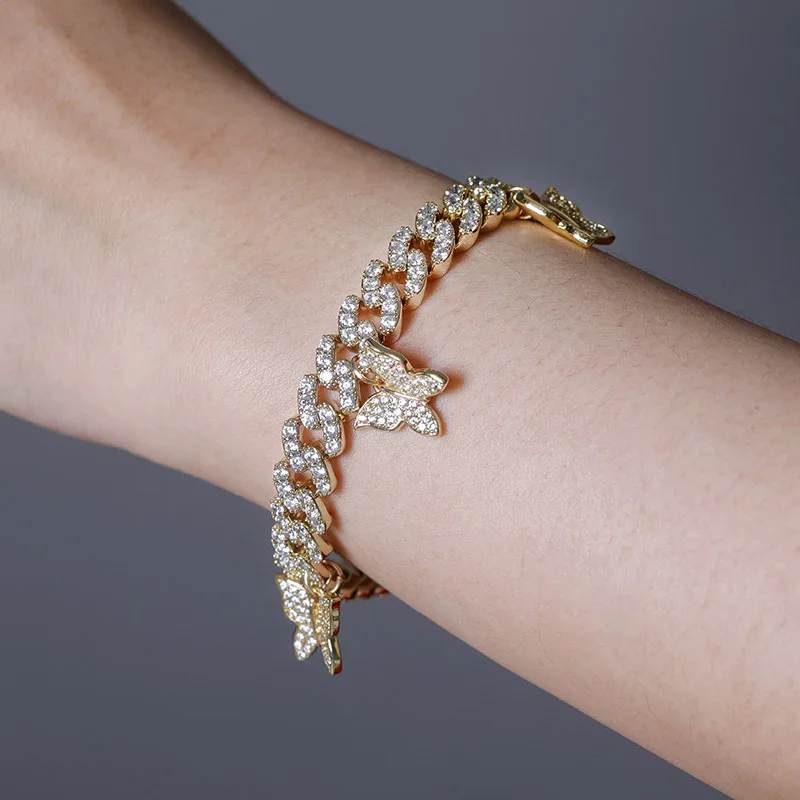 

LUOXIN Hip Hop Fashion Jewelry Custom Women Cuban zirconia Link Butterfly bracelet, Picture shows