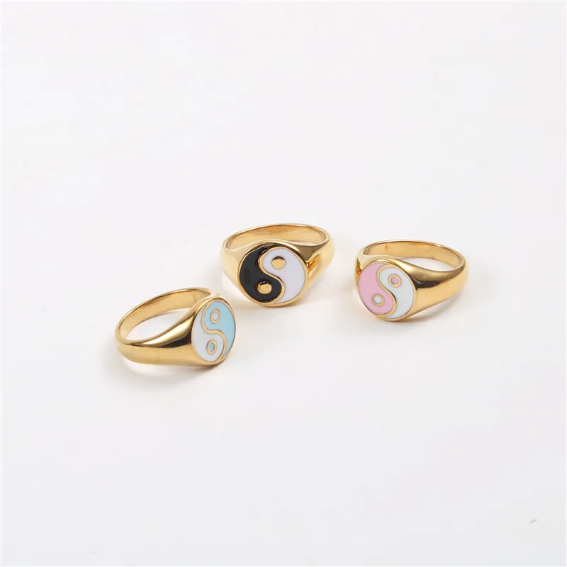 High End 18K Gold Plated Colorful Enamel Yingyang Pattern Finger Statement Stainless Steel  Rings for Women Fashion Jewelry